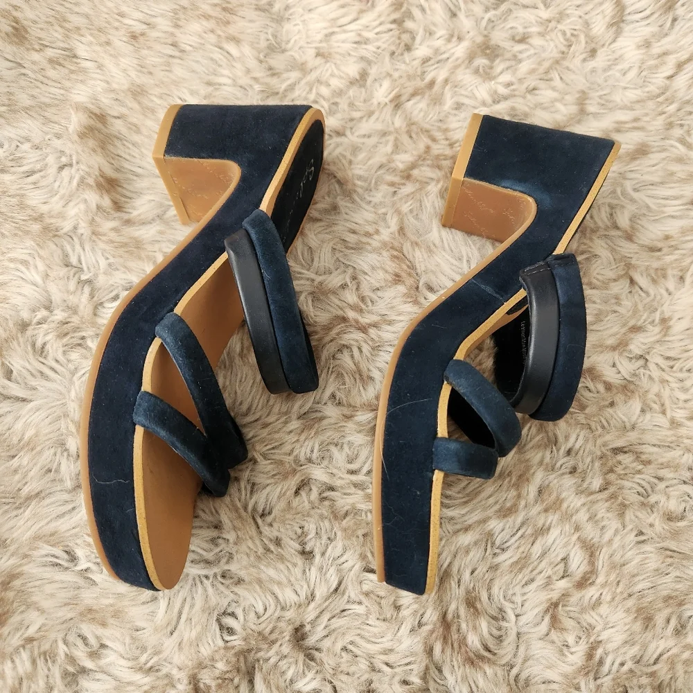 Splendid Ted Cork‎ Banded Heels Faux Suede Navy Blue Women's Size 6 1/2